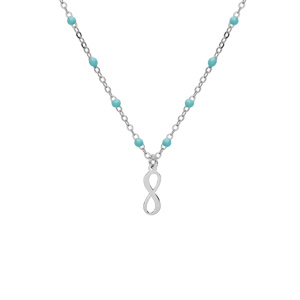 Collier en argent rhodié chaîne avec boules de couleur turquoise et motif infini 40+5cm