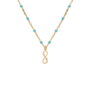 Collier en argent et dorure jaune chaîne avec boules de couleur turquoise et motif infini 40+5cm