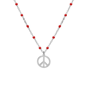 Collier en argent rhodié chaîne avec boules couleur rouges motif peace and love 40+5cm