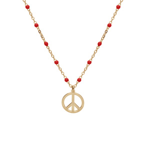 Collier en argent et dorure jaune chaîne avec boules couleur rouge motif peace and love 40+5cm