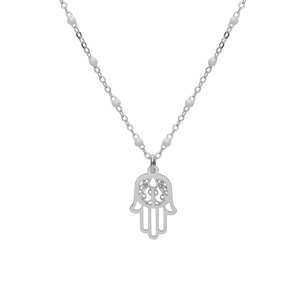 Collier en argent rhodié chaîne avec boules couleur blanche avec main de Fatma 40+5cm