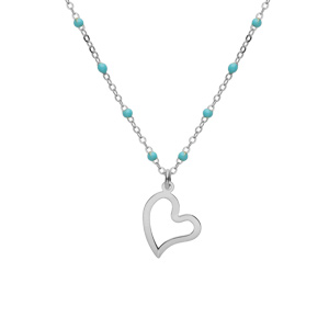 Collier en argent rhodié chaîne avec boules couleur turquoise avec pampille coeur 40+5cm