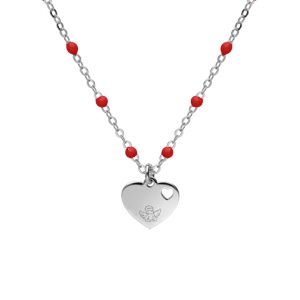 Collier en argent rhodié chaîne avec boules couleur rouge avec pendentif coeur 40+5cm