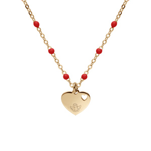 Collier en argent et dorure jaune chaîne avec boules couleur rouge avec pendentif coeur 40+5cm