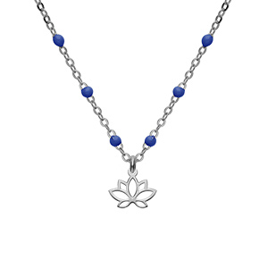 Collier en argent rhodié chaîne avec boules couleur bleu avec pendentif fleur de lotus 40+5cm