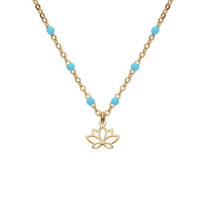 Collier en argent et dorure jaune chaîne avec boules couleur bleu avec pendentif fleur de lotus 40+5
