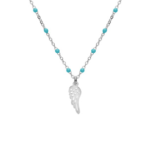 Collier en argent rhodié chaîne avec boules couleur turquoise avec pendentif plume 40+5cm