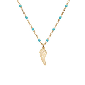 Collier en argent et dorure jaune chaîne avec boules couleur turquoise avec pendentif plume 40+5cm