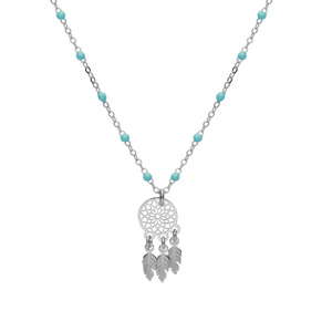 Collier en argent rhodié chaîne avec boules couleur turquoise avec pendentif attrape rêve 40+5cm