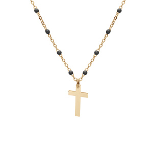 Collier en argent et dorure jaune chaîne avec boules couleur noire avec pendentif croix 40+5cm