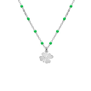 Collier en argent rhodié chaîne avec boules couleur verte avec pendentif trèfles 40+5cm