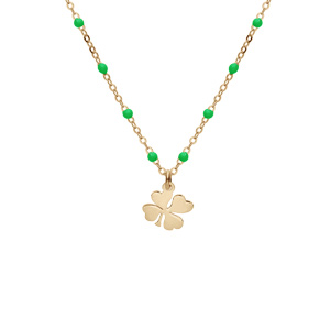 Collier en argent et dorure jaune chaîne avec boules couleur verte avec pendentif trèfles 40+5cm
