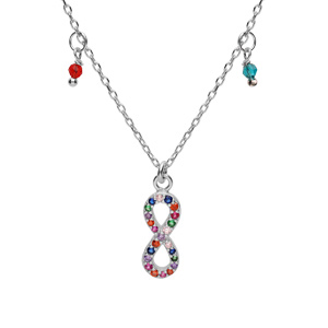 Collier en argent rhodié chaîne avec pendentif infini empierrés et pampilles boules multi couleurs et 40+5cm