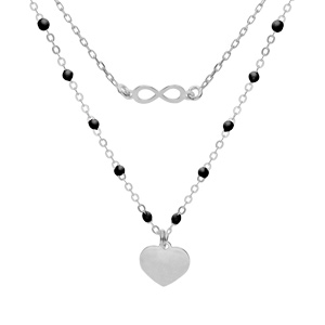 Collier en argent rhodié double chaîne avec infini et coeur et perles noires 40+5cm