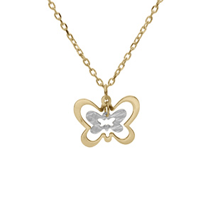 Collier en argent rhodié et dorure jaune chaîne avec pendentifs double papillon 2 tons 40+5cm