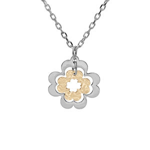 Collier en argent rhodié et dorure jaune chaîne avec pendentifs double trèfle 2 tons 40+5cm