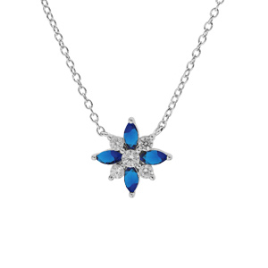 Collier en argent rhodié chaîne avec pendentif fleur avec oxydes blancs et bleus sertis 42+3cm
