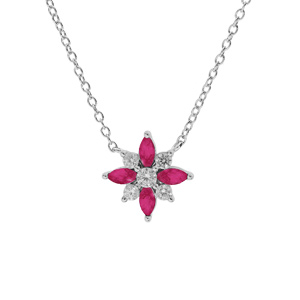 Collier en argent rhodié chaîne avec pendentif fleur avec oxydes blancs et fushia sertis 42+3cm