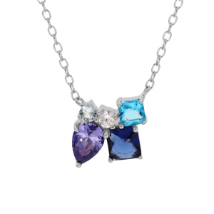Collier en argent rhodié chaîne avec pendentif 5 oxydes bleus et blanc sertis 42+3cm