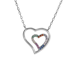 Collier argent rhodié double coeur oxydes multi couleurs 40+4cm