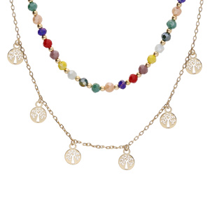 Collier en argent rhodié et dorure jaune double rangs avec pierres facettées et pampilles arbre de vie 38+4cm