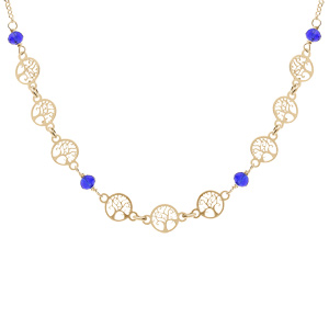 Collier argent doré motifs arbre de vie et perles  bleues réglable 42 à 45cm