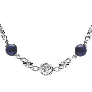 Collier en argent rhodié pastille diamantée et boule en verre bleu 38+5cm