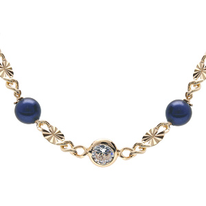 Collier en argent et dorure jaune pastille diamantée et boule en verre bleu 38+5cm