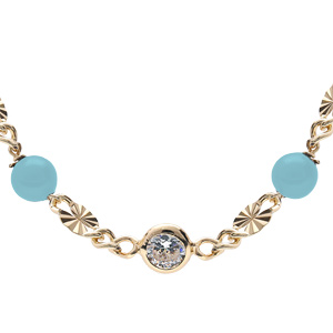 Collier en argent rhodié pastille diamantée et boule en verre turquoise 38+5cm