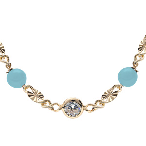 Collier en argent et dorure jaune pastille diamantée et boule en verre couleur turquoise 38+5cm