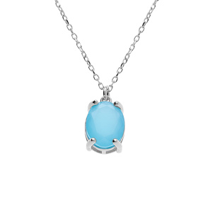 Collier argent rhodié pendentif ovale oxyde 10 x 7.5mm bleu clair opaque réglable 42 à 45cm