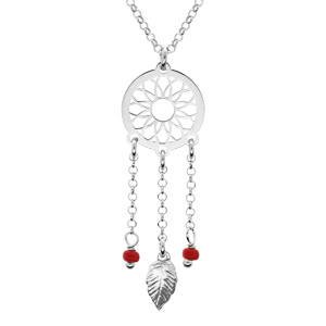Collier en argent rhodié chaîne avec pendentif attrape rêve et perles rouges 38+5cm