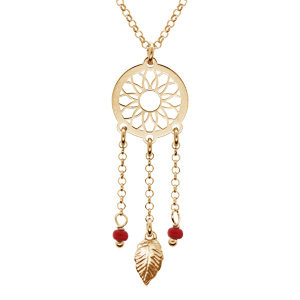 Collier en argent et dorure jaune chaîne avec pendentif attrape rêve et perles rouge 38+5cm