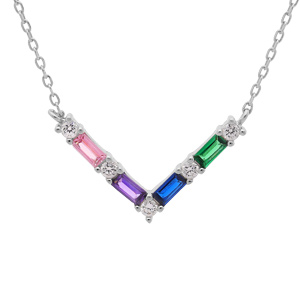 Collier en argent rhodié chaîneavec pendentif V en pierres multi couleurs réglable 40,42 et 44cm