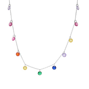 Collier en argent rhodié chaîne avec gouttes de pierres multi couleurs réglable 40,42 et 44cm