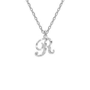 Collier en argent rhodié chaîne avec pendentif lettre anglaise R diamantée longueur 40+4cm