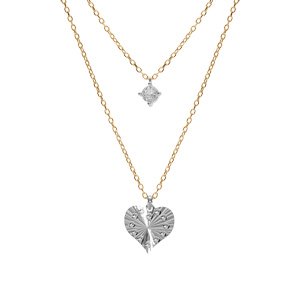 Collier argent rhodié et doré jaune coeur diamanté avec 1 oxyde blanc réglable 40 à 44cm