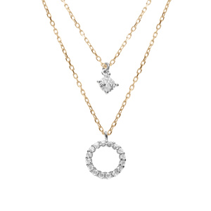 Collier argent rhodié et doré jaune cercle contour oxydes blancs réglable 40 à 44cm
