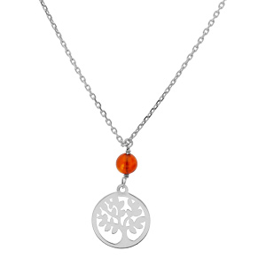 Collier en argent rhodié chaîne avec pendentif boule Ambre véritable et arbre de vie 41+5cm