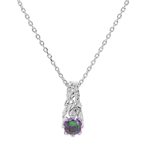Collier en argent rhodié chaîne avec pendentif solitaire mystique arc en ciel et feuillage 42+3cm