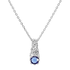 Collier en argent rhodié chaîne avec pendentif solitaire 5mm oxyde bleu foncé et feuillage 42+3cm