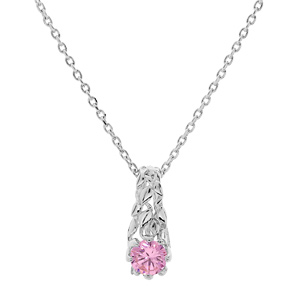 Collier en argent rhodié chaîne avec pendentif solitaire 5mm oxyde rose et feuillage 42+3cm