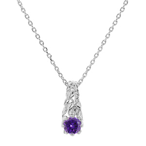 Collier en argent rhodié chaîne avec pendentif solitaire oxyde violet et feuillage 42+3cm