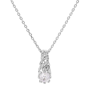 Collier en argent rhodié chaîne avec pendentif solitaire oxyde blanc et feuillage 42+3cm