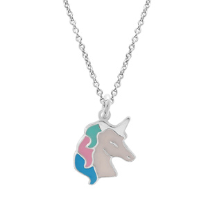 Collier en argent rhodié chaîne avec pendentif licorne blanche et pastel 35+5cm