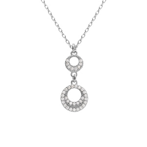 Collier argent rhodié pendentif 2 cercles évidé oxydes blancs réglable 40 à 44cm