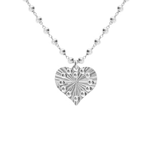 Collier argent rhodié chaîne boules pendentif coeur martelé réglable 40 à 45cm