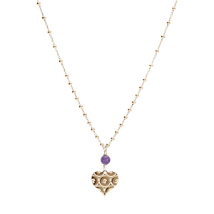 Collier argent doré chaîne boule pendentif coeur mpartelé avec 1 boule jade violette véritable réglable 40 à 45cm