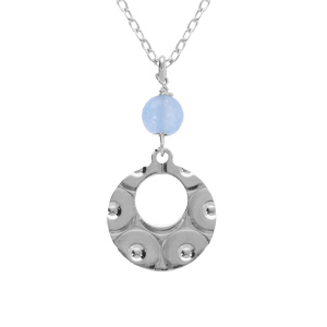 Collier argent rhodié pendentif rond martelé avec 1 boule jade bleu ciel réglable 40 à 45cm