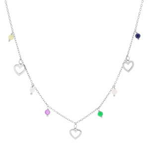 Collier en argent rhodié chaîne avec pampilles coeurs évidés et perles facetées 40+4cm